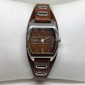 Fossil women watch JR9467 silver tone 23mm quartz analog brown leather running